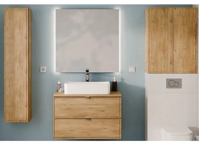 Image de Ensemble Complet Meuble Vasque 80 cm + Plateau + Vasque + Miroir LED + Colonne + 2 meubles hauts - Caldera Clair