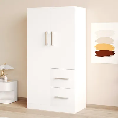 Produktbild von Flieks Eckkleiderschrank Kleiderschrank mit Doppeltür und 2 Schubladen, Garderobe Garderobenschrank mit Stange, 70x40x135cm, Weiß