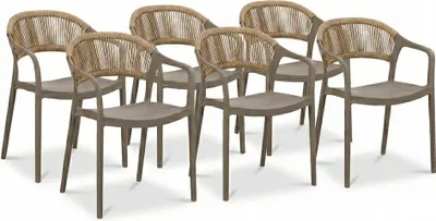 Immagine prodotto di Set di 6 sedie da giardino in polipropilene con fibra di vetro e schienale in corda intrecciata, sedie impilabili resistenti alle intemperie per giardino, terrazza, balcone, bar e ristorante – Jolanda – Taupe
