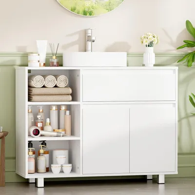 Zdjęcie produktu dla Szafka pod umywalkę - Szafka dolna - Półki do przechowywania - Regulowane półki - 90 x 30 x 64,5 cm - Biały