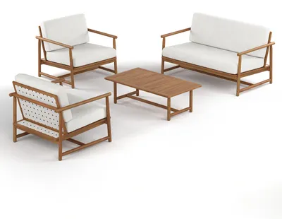Produktbild von home24 Loungegruppe- 4-teilig - Akazie massiv / Webstoff - Akazie Braun / Creme
