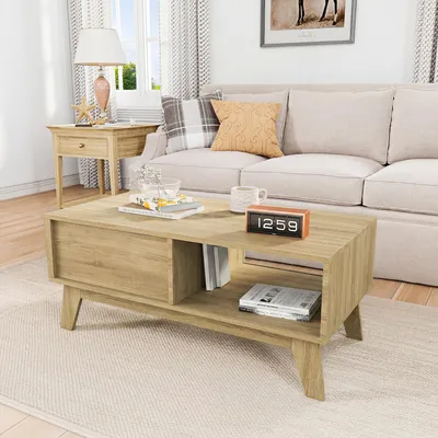 Image de Table basse ProximaX avec porte coulissante en chêne, 95x41x48 cm. Table de salon avec espace de rangement, design moderne et scandinave