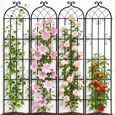 Image de Support pour plantes grimpantes, 51x220 cm, noir - Support métallique pour plantes - Lot de 4 pièces - Pour rosiers grimpants et fleurs de jardin - Treillis de jardin