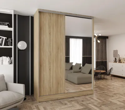 Produktbild von Schwebetürenschrank 2-türig 160x250x58 cm Eiche Sonoma mit Spiegel – Moderner Kleiderschrank für Schlafzimmer und Flur