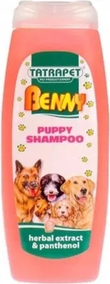 A bottle of Benny puppy shampoo with images of puppies on the label.