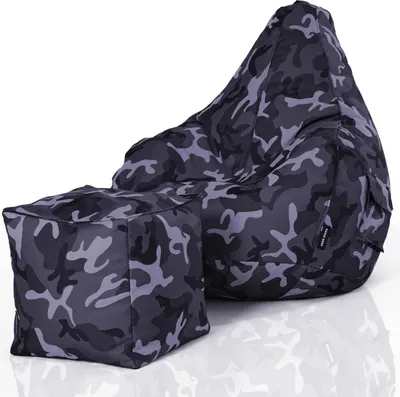 Produktbild von Green Bean® 2er Set Sitzsack + Hocker "Cozy+Cube" - mit EPS Perlen Füllung - robust waschbar schmutzabweisend - Camouflage Schwarz