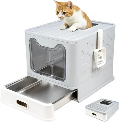 Produktbild von Katzenklo Edelstahl mit Deckel, Faltbare Geschlossene Katzentoilette mit Schublade, Geruchsfrei, Auslaufsicher, Leicht zu Reinigen, Doppelter Ein-/Ausgang, Mit Schaufel, (38,3×51×41 cm) – Grau