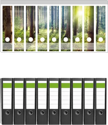 Produktbild von Wallario 9 Stück breite Ordner inkl. Klebeetiketten mit Motive Sonnenuntergang im Wald zwischen den Bäumen -  Set mit Rückenschildern / Ordnerrücken Stickern