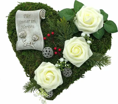 Produktbild von Grabgesteck Grabschmuck Moosherz Grabherz Trauerherz Gesteck - Für immer im Herzen-30cm 3 weiße Rosen