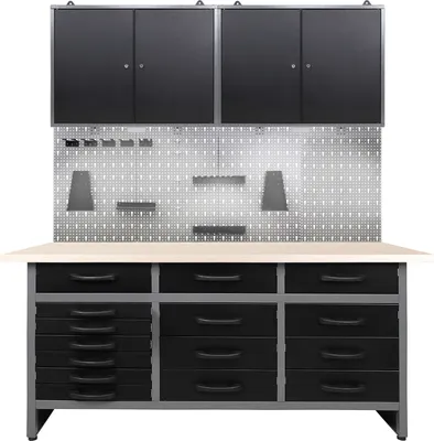 Produktbild von Ondis24 Metall Werkstatt Set 160 cm "Konny" Werkbank + 2 Schränke LED abschließbar höhenverstellbare Füße Arbeitsplatte Holz Werkstatteinrichtung Packtisch Werktisch Werkstatttisch Montagewerkbank Hängeschrank Werkzeugschrank Werkstattschrank Werkzeugwand Werkstattwand Werkzeughalter Lochblech