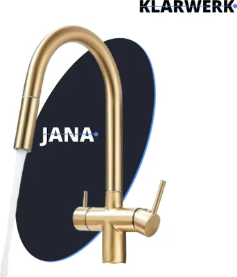 Produktbild von Jana | 3 Wege Premium Gold matt ausziehbare Armatur | Edelstahl Osmose Wasserhahn Küche |Mischbatterie  360 Grad |Filter 3 Anschlüsse hoher Bogen