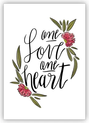 Produktbild von Romantische Liebeskarte als Glückwunsch zur Hochzeit oder zum Valentinstag mit Blüten und Handlettering: One Love one heart