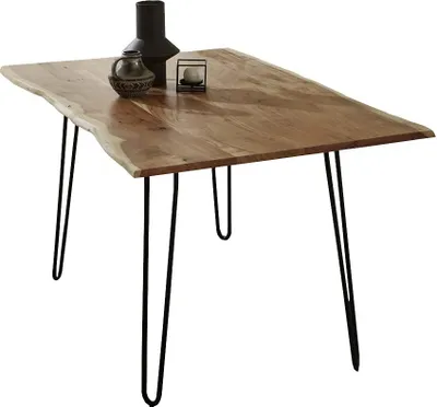 Produktbild von Esszimmertisch 90x90cm Hannah, echte Baumkante, Akazienholz naturfarben, massiver Baumkantentisch mit Hairpin-Gestell Mattschwarz