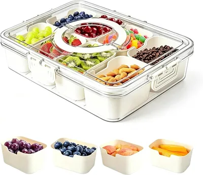 Productafbeelding van Kunststof snackbox, lekvrij, met 8 compartimenten en deksel - 28 x 21 cm - Luchtdichte transportbox voor snacks, ideaal voor kinderen en snoepjes