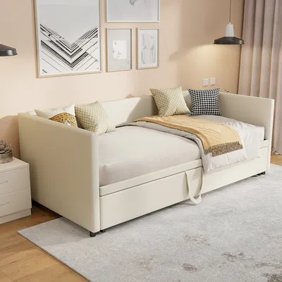 Zdjęcie produktu dla CDGlobal rozkładana sofa z aksamitnej tkaniny rama łóżka rozkładana sofa łóżko dla gości łóżko młodzieżowe z listwową ramą łóżko pojedyncze/łóżko podwójne aksamitna tkanina bez materaca (beżowy)