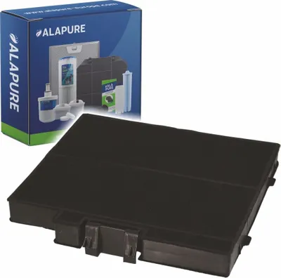 A product shot of a black air filter and its packaging.