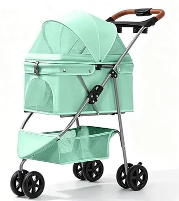 Imagen del producto de Carrito plegable para perros, capaz de transportar animales de hasta 25 kg. Carrito para gatos con 3 ruedas. Transportador para mascotas con acolchado, toldo solar ajustable, ventanas de malla y cesta de almacenamiento. Color: verde