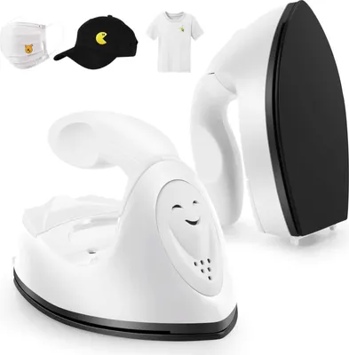 A collage showing a mini iron and charging base, along with a face mask, a black baseball cap with a Pac-Man logo, and a white t-shirt with a small embroidered logo.