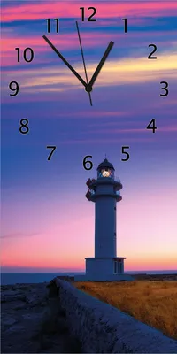 Produktbild von Wallario Design Wanduhr bedruckt, Größe 30 x 60 cm, Motiv: Leuchtturm am Abend auf den Balearen Malerischer Himmel