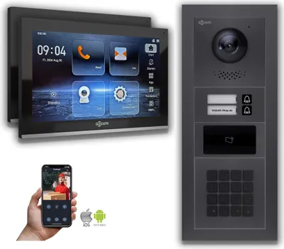 Produktbild von Goliath IP Video Türsprechanlage: 10-Zoll 2 Familienhaus, RFID, Zahlencode, Anthrazit  : 10 Zoll Schwarz : 4er POE : Aufputz Dose Anschluss: 4er POE Monitor Farbe: 10 Zoll Schwarz Montage: Aufputz Dose