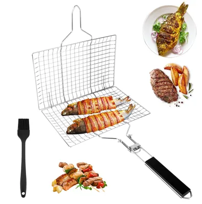 Imagen del producto de Parrilla de acero inoxidable, plegable, de 54 x 22 cm, ideal para pescado y verduras