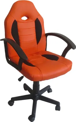A studio shot of an orange and black gaming chair.