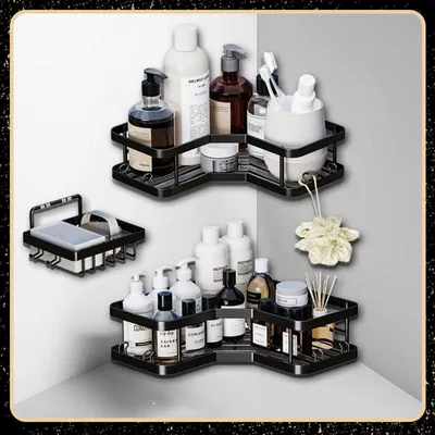 Produktbild von Duschablage ohne Bohren, 3-teiliges Eck-Badezimmerregal mit Seifenschale, Duschgelhalter und Shampoohalter