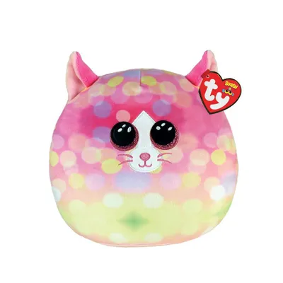 A plush cat toy with a colorful, bubbly pattern and large, sparkly eyes, shown against a white background. A red heart-shaped tag with the Ty logo is attached to its ear.