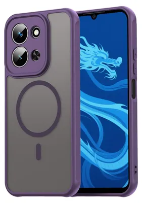 A purple and gray phone case is shown next to a smartphone with a dragon wallpaper.