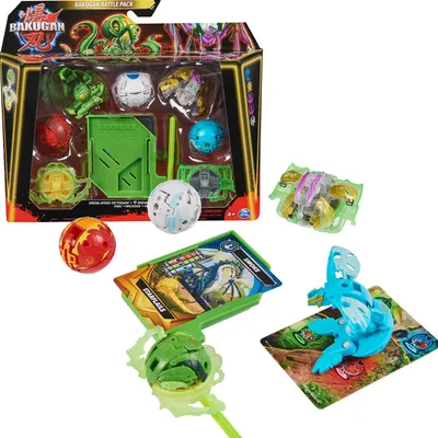 A Bakugan Battle Pack with multiple Bakugan figures, cards, and accessories displayed on a white background.