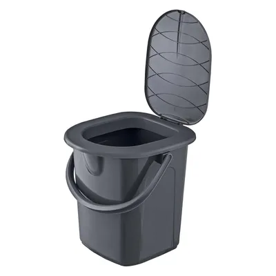 A gray portable toilet with its lid open, shown against a white background.