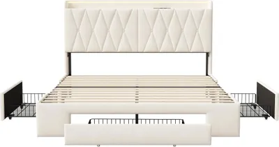 Immagine prodotto di Letto matrimoniale beige - 140x190 cm - in velluto - con cassetti contenitori e porte USB