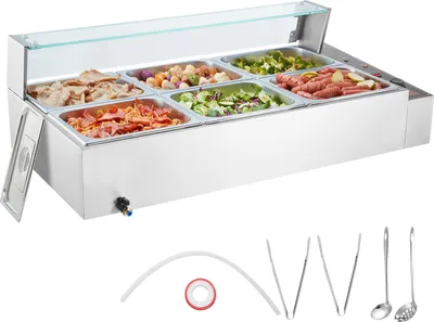 Image de VEVOR Chauffe-plats commercial avec 6 récipients de 8 Qt, table vapeur électrique avec couvercle en verre, 1500 W plan de travail en inox, buffet-bain-marie, réglage de la température 30-85 °C
