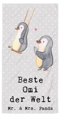 Produktbild von Mr. & Mrs. Panda Handtuch Pinguin Beste Omi der Welt - Grau Pastell - Geschenk, Duschtuch, Badelaken, Strandtuch, Kleinigkeit, Badehandtuch, Geburtstag, Bester, Enkelkind
