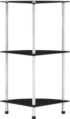 A three-tiered corner shelf unit with black triangular shelves and silver metal poles.