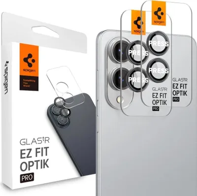 A product shot showing the packaging and the product itself, which are camera lens protectors for a smartphone.