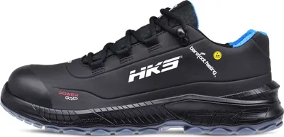 A black HKS safety shoe with blue accents is shown against a white background.