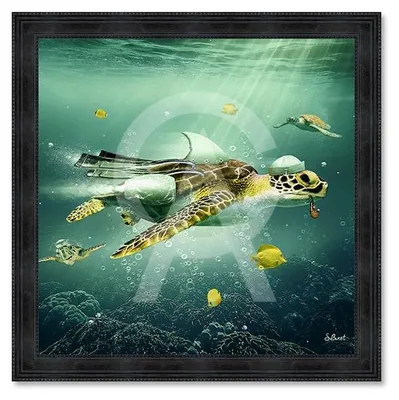 Image de Cadre en bois avec impression en PVC vernis "Tortue" - Noir - 120 x 120 cm - Collection Binet