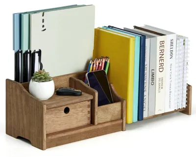 Image de Étagère en bois réglable avec tiroir, idéale pour l'organisation de votre bureau