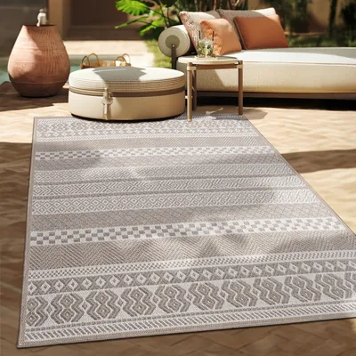 Image de Tapis d'extérieur en lin tissé moderne Boho Ethno résistant aux intempéries extérieur Taille 60x100 cm