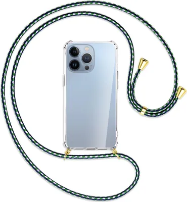 Produktbild von Handykette Backcover-Schutzhülle mit Band (Metall goldfarben) für Apple iPhone 13 Pro - grün/blau/weiß