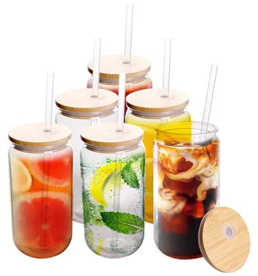 Productafbeelding van 16oz Drinkbekers met Bamboedeksel en Rietjes, Set van 6