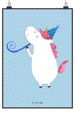 Produktbild von Mr. & Mrs. Panda Bild Einhorn Party DIN A2 - Blau Pastell - Geschenk, kunstdruck poster, Geburtstag, Alkohol, wanddeko, drucke, Wandbild, Disco, Konfetti, Plakat, Unicorn