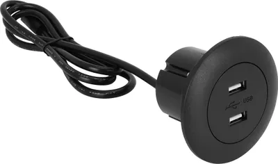 A black dual USB charging port with an attached cable, isolated on a white background.