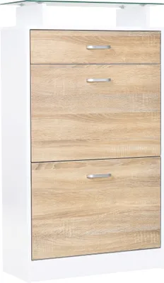 Image de HOMCOM Armoire à Chaussures Meuble rangement Chaussures 2 Portes abattantes 2 Compartiments, tiroir, Plateau en Verre - Bois chêne Blanc