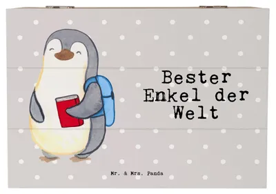 Produktbild von Mr. & Mrs. Panda Geschenkbox Pinguin Bester Enkel der Welt 22 x 15 cm - Grau Pastell - Geschenk, Opa, Schatulle, Holzbox mit Deckel, Enkelsohn, Geschenkidee, Enkelkind