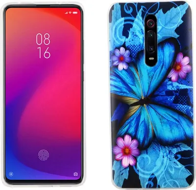 Productafbeelding van Xiaomi Mi 9T telefoonhoesje, beschermende case, blauw met vlinderprint