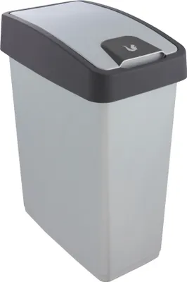 A silver and gray trash can with a lid.