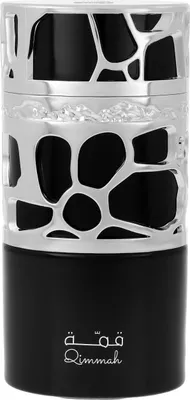 A black and silver perfume bottle with an ornate silver cage-like design.