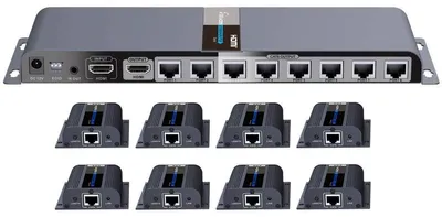 Zdjęcie produktu dla Rozdzielacz HDMI 1-8 z 8 przedłużaczami, obudowa metalowa